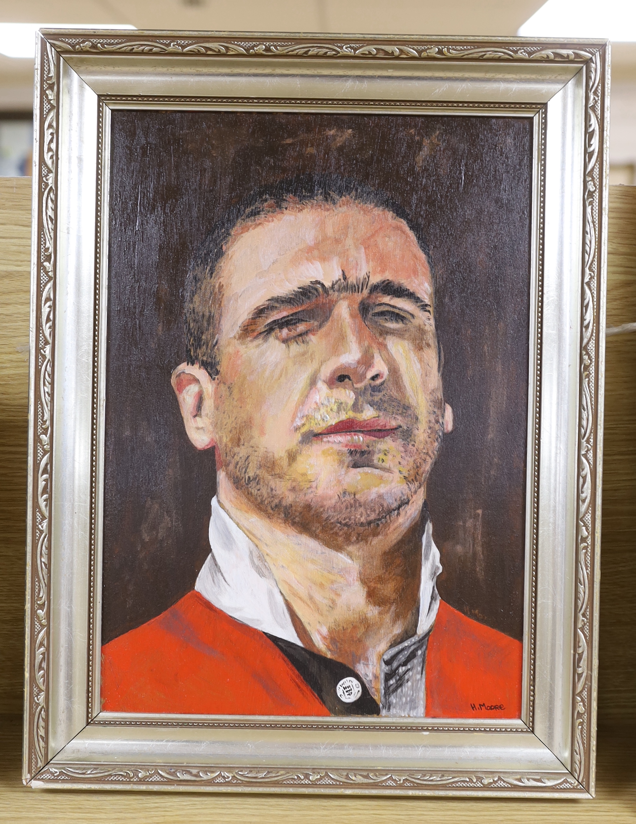 H. Moore, oil on board, Portrait of Eric Cantona, signed 34 x 24cm